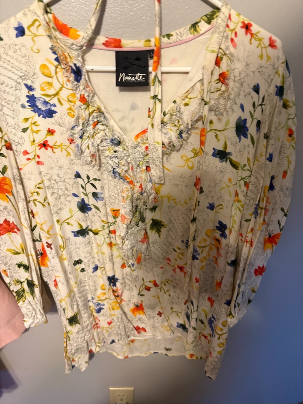 Nanette Lepore Cream Floral Tie-Neck Blouse with Blue & Orange Accents